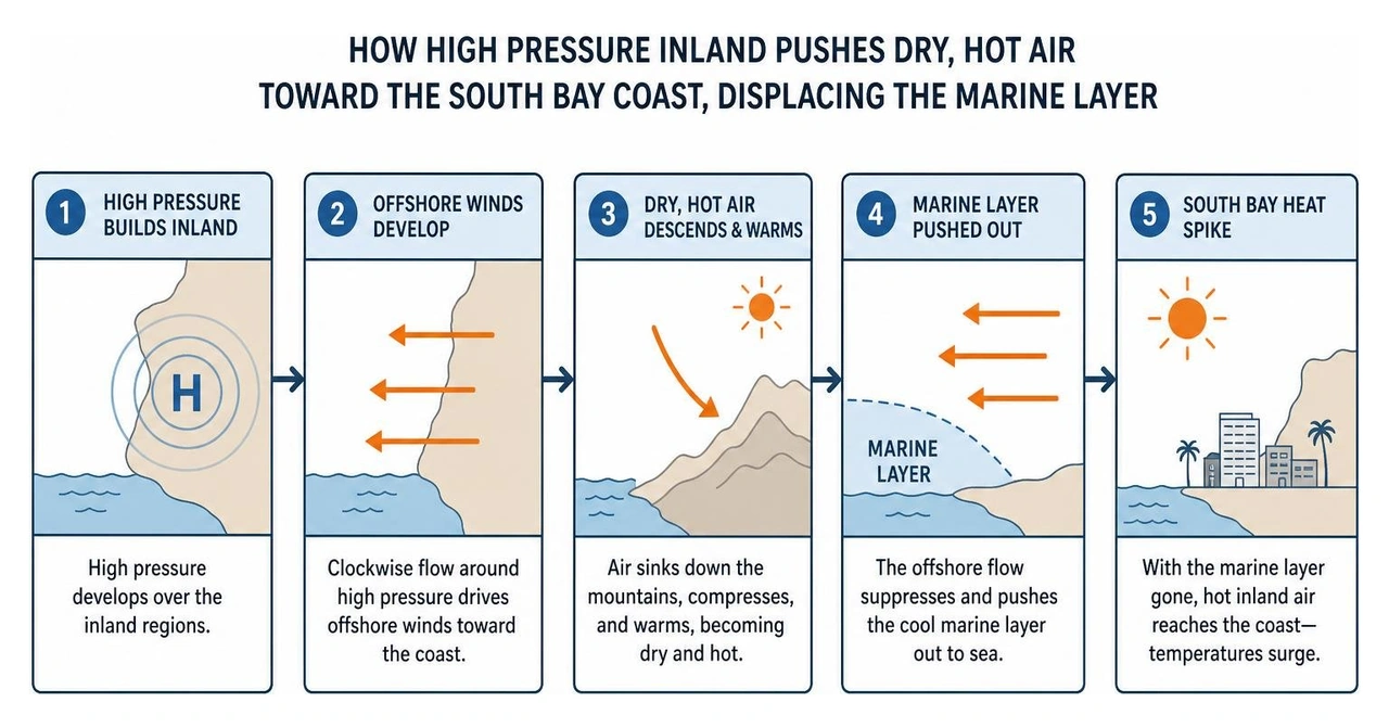 Diagram showing how high pressure inland pushes dry hot air toward the South Bay coast displacing the marine layer Diagram showing how high pressure inland pushes dry hot air toward the South Bay coast displacing the marine layer