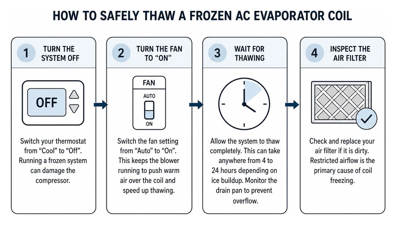Diagram showing how to safely thaw a frozen AC evaporator coil step-by-step Diagram showing how to safely thaw a frozen AC evaporator coil step-by-step
