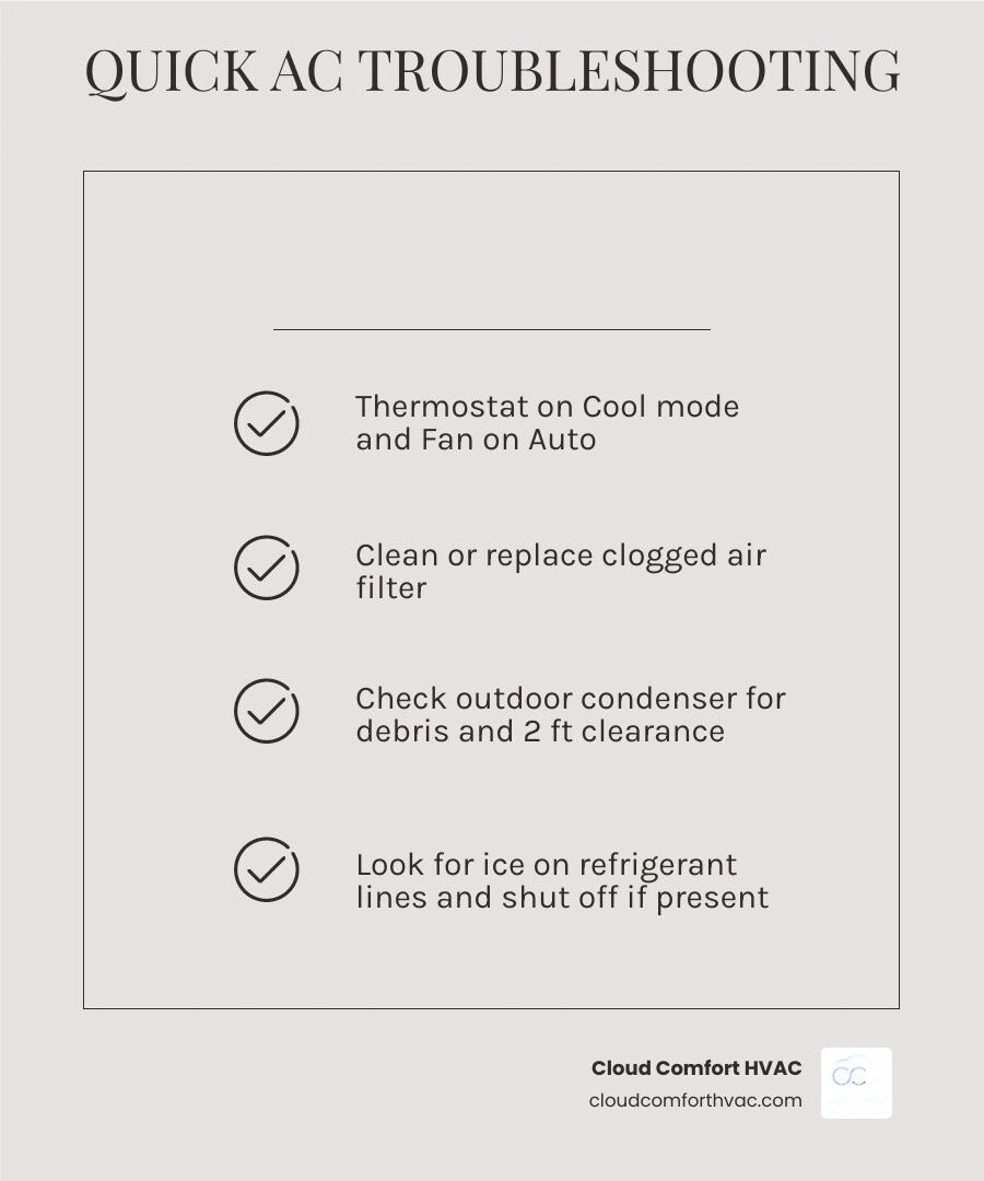 Infographic showing AC not cooling checklist with common causes ranked by likelihood for South Bay homeowners infographic Infographic showing AC not cooling checklist with common causes ranked by likelihood for South Bay homeowners infographic
