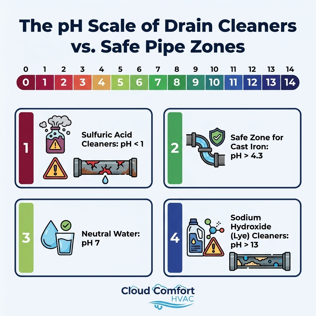 The pH Scale of Drain Cleaners vs. Safe Pipe Zones