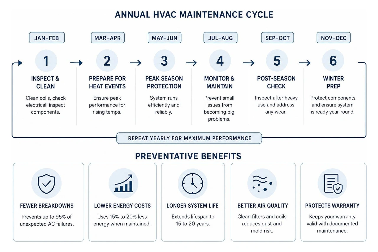Diagram showing the annual HVAC maintenance cycle and its preventative benefits Diagram showing the annual HVAC maintenance cycle and its preventative benefits