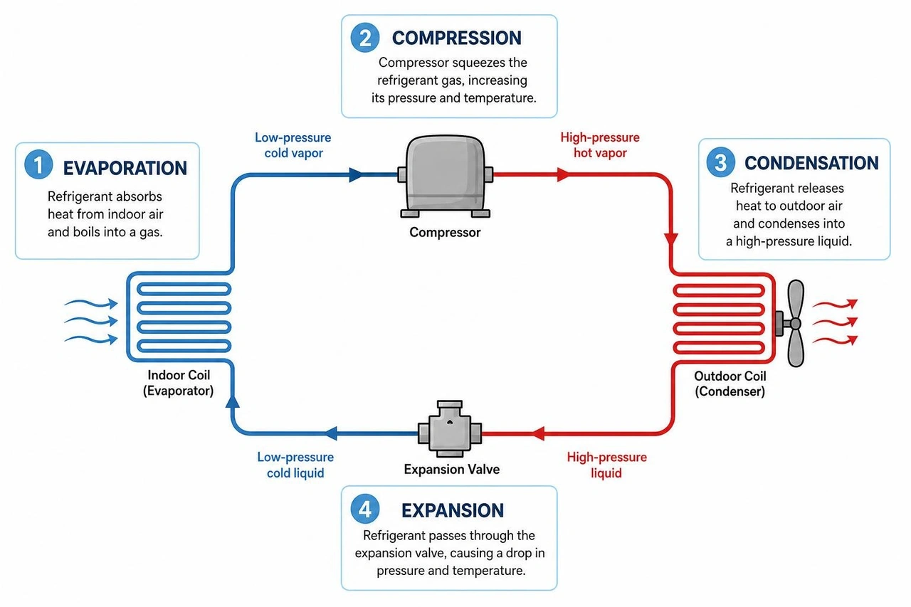 Diagram showing the closed-loop refrigeration cycle of evaporation, compression, condensation, and expansion Diagram showing the closed-loop refrigeration cycle of evaporation, compression, condensation, and expansion