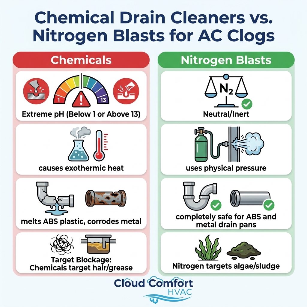 Chemical Drain Cleaners vs. Nitrogen Blasts for AC Clogs