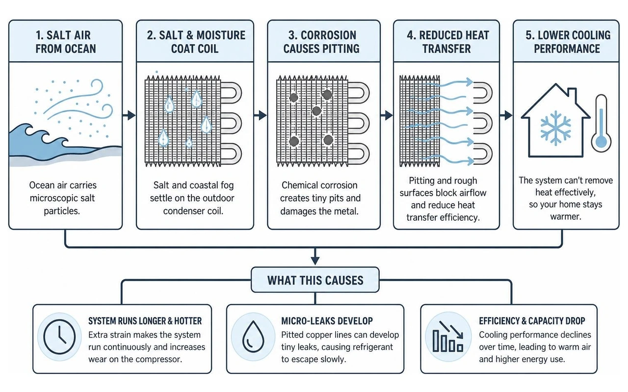 Diagram showing how salt air and coastal fog cause coil pitting and reduce heat transfer efficiency on an outdoor AC Diagram showing how salt air and coastal fog cause coil pitting and reduce heat transfer efficiency on an outdoor AC