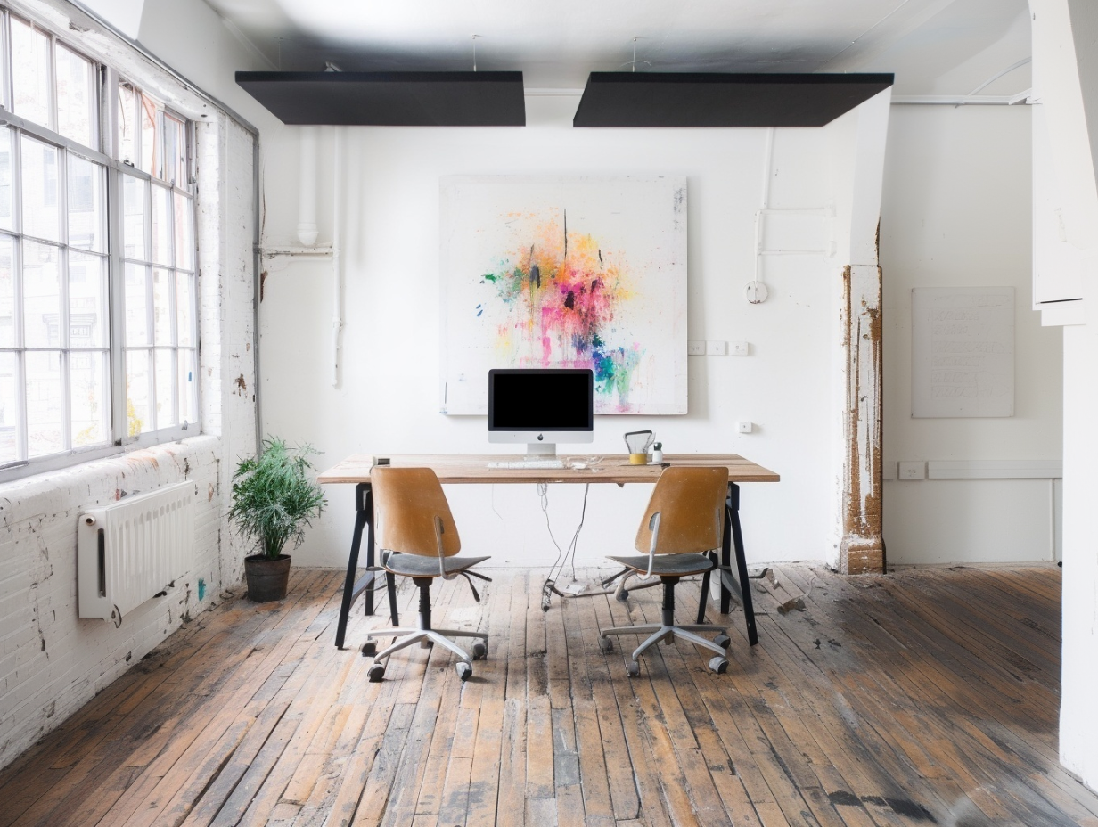 Bright office with two brown chairs, wooden table with computer, plant, and colorful abstract painting.