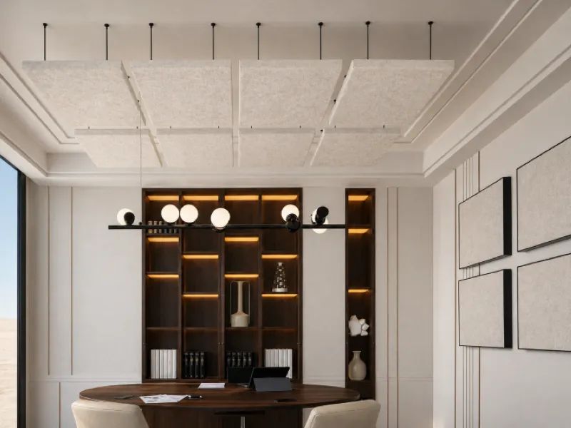 Modern office with round wooden desk, beige chairs, wall shelving, and hanging ceiling lights.