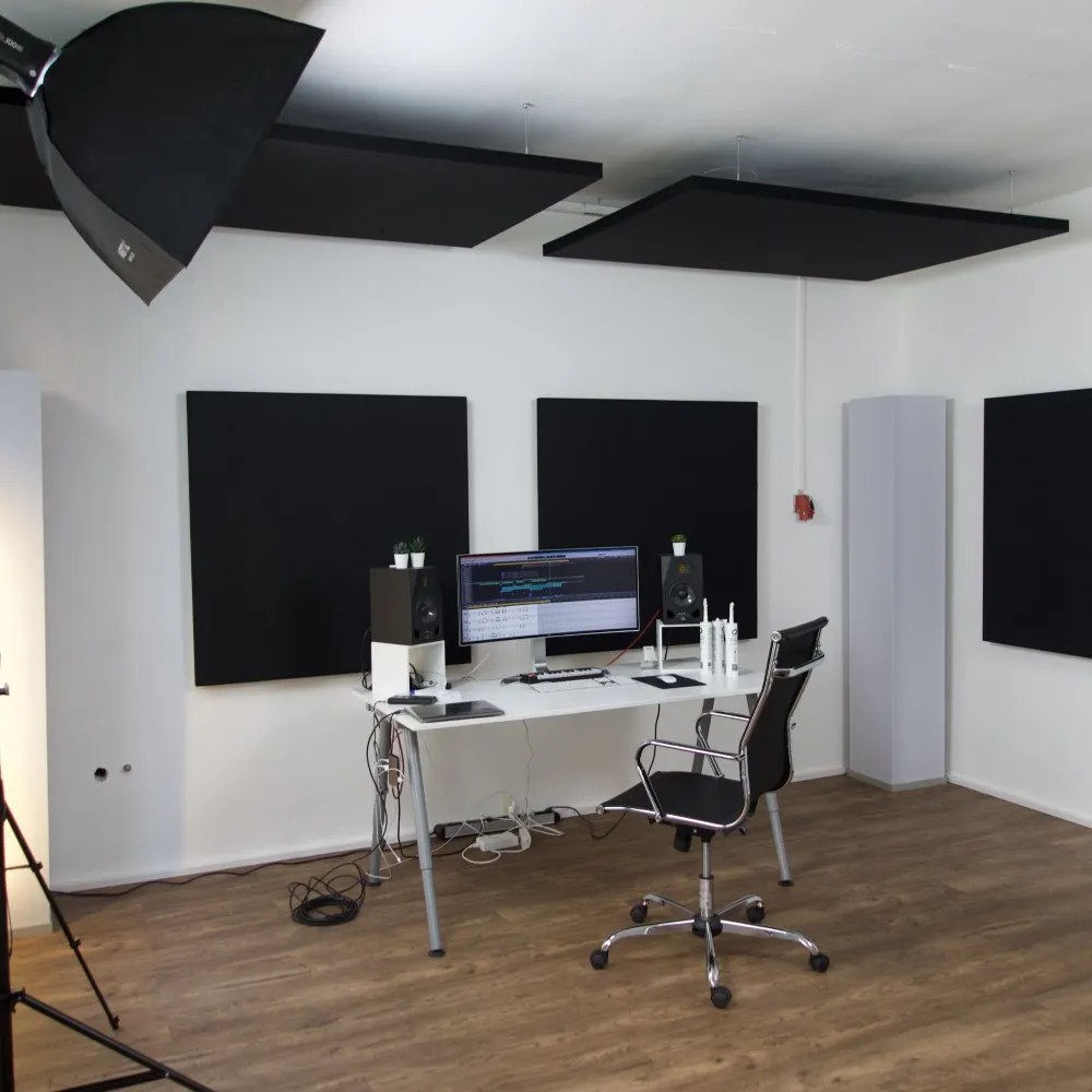 Tonstudio mit schwarzen Akustik-Wandpaneelen und Deckensegeln