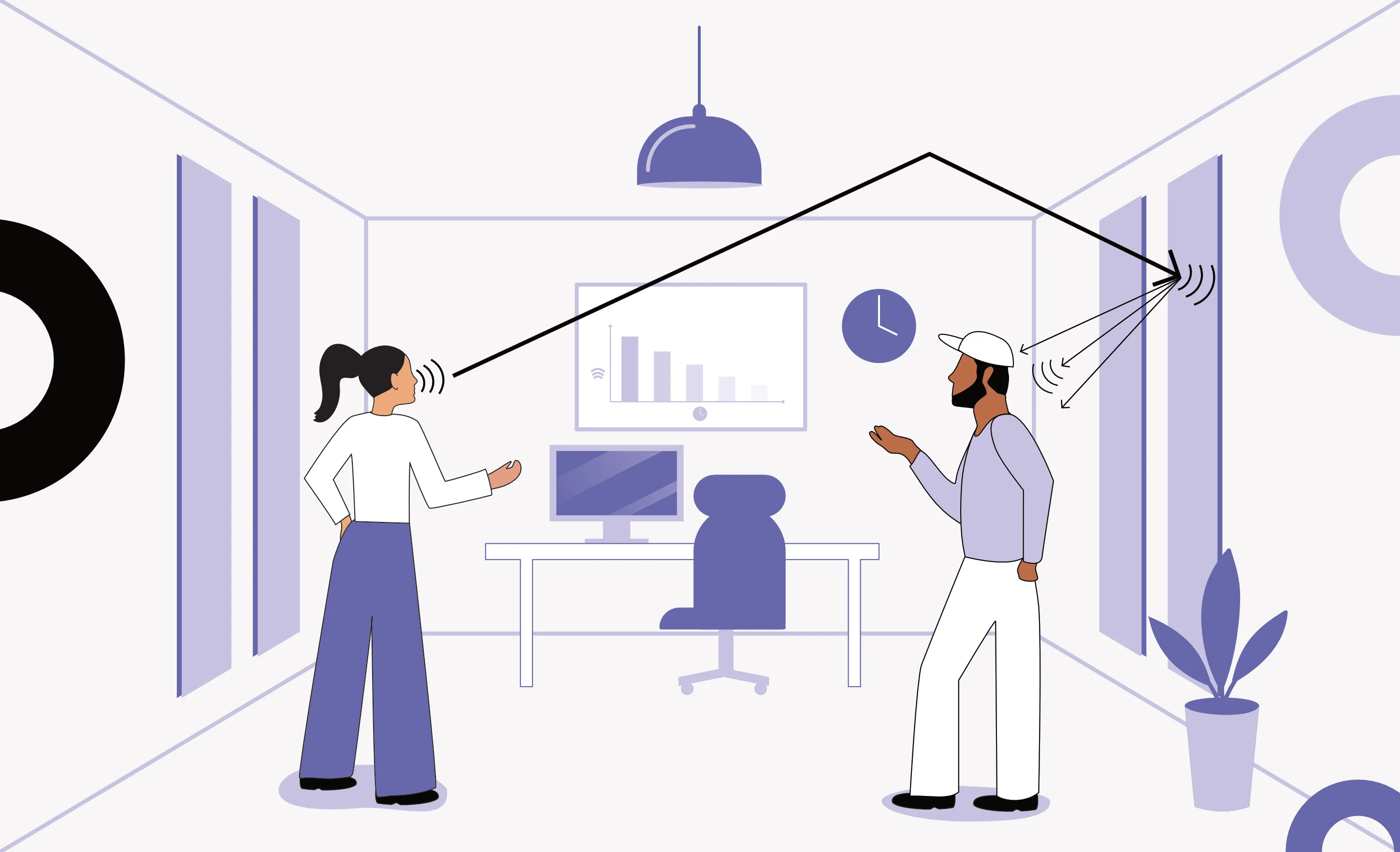 Büro mit Quiet Please Akustikpaneelen an Wand und Decke zur Reduzierung der Nachhallzeit.