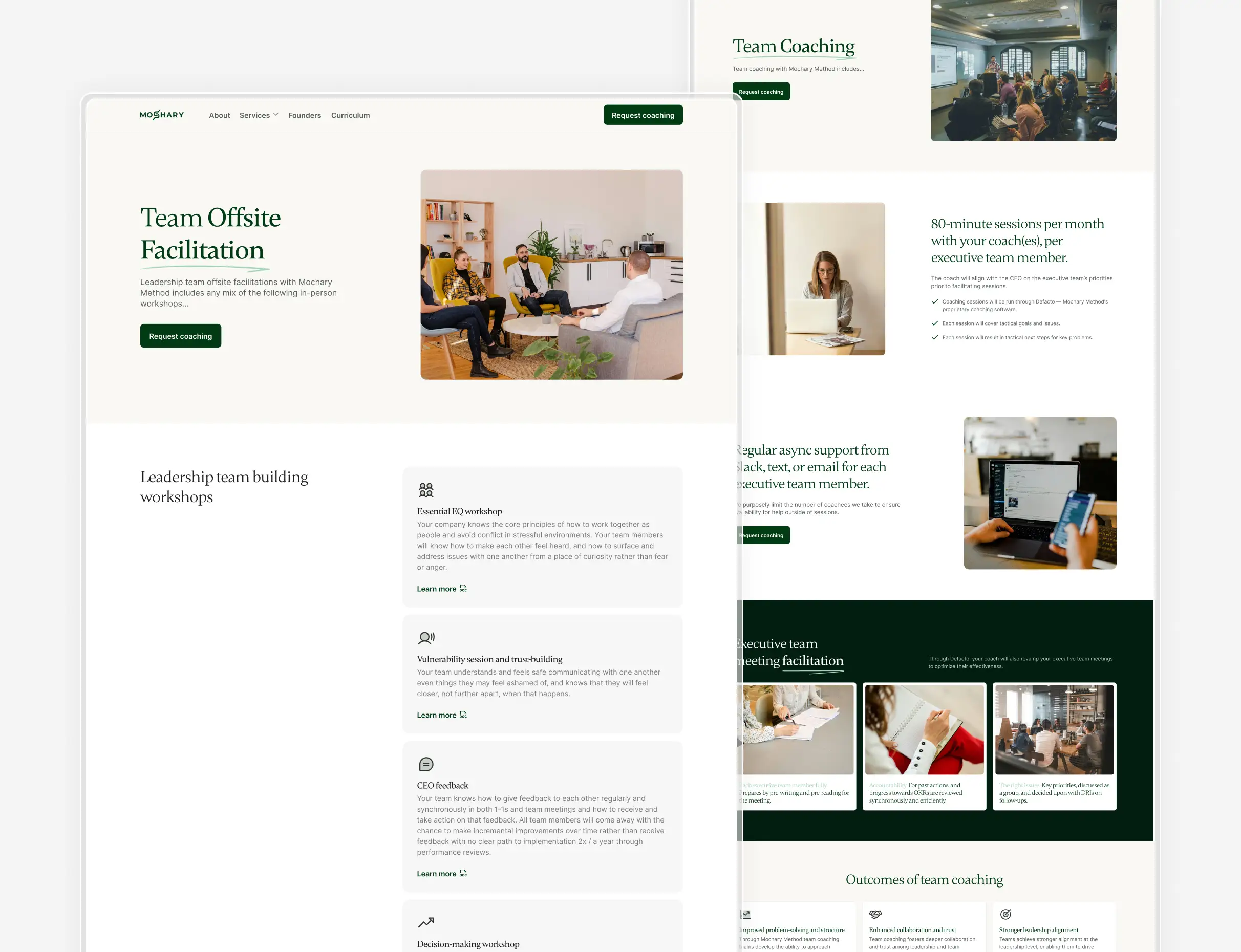 Visuels du site web Mochary Method au design épuré, reflétant leur expertise en coaching, leadership et accompagnement des startups à travers un branding clair et professionnel.