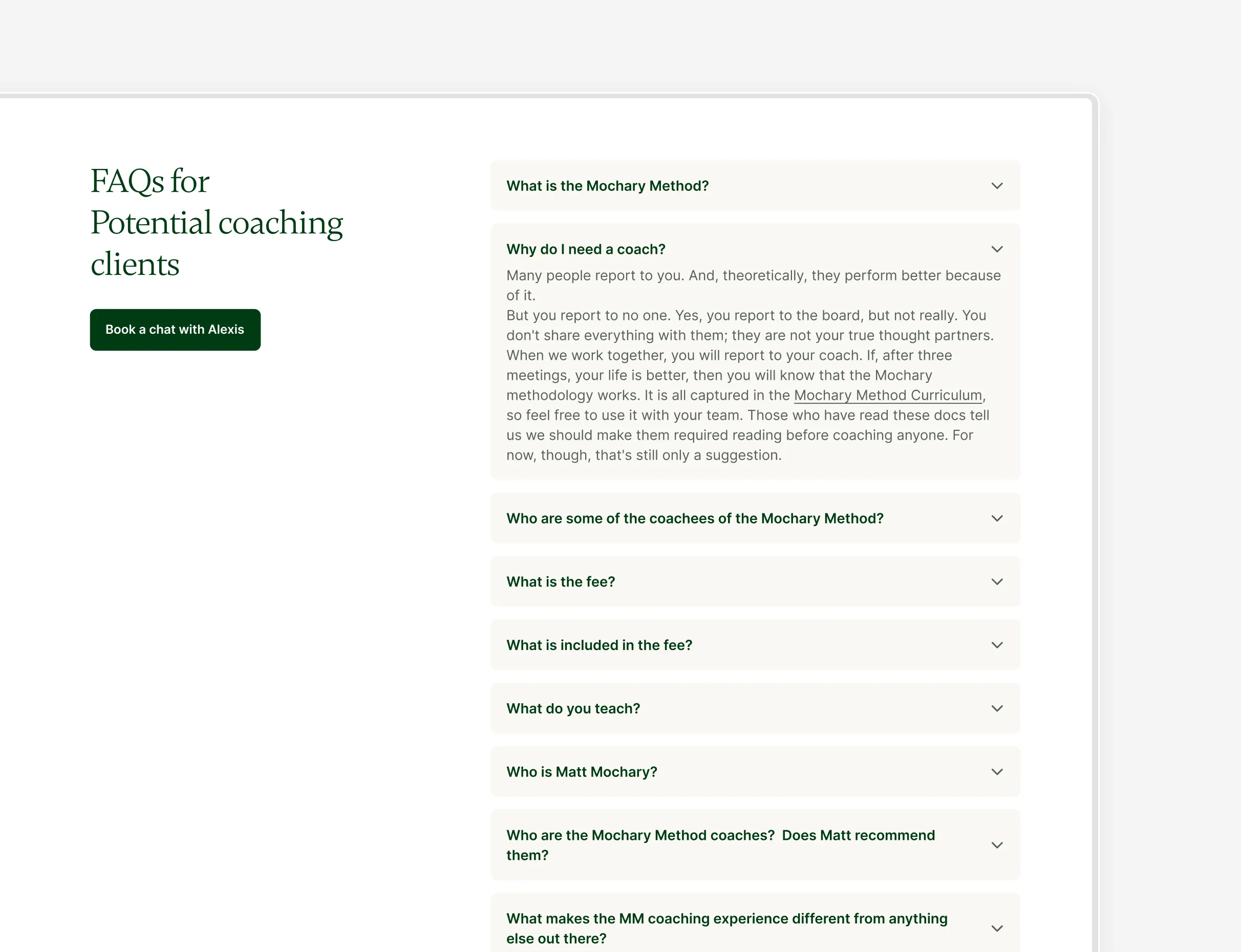 Visuels du site web Mochary Method au design épuré, reflétant leur expertise en coaching, leadership et accompagnement des startups à travers un branding clair et professionnel.