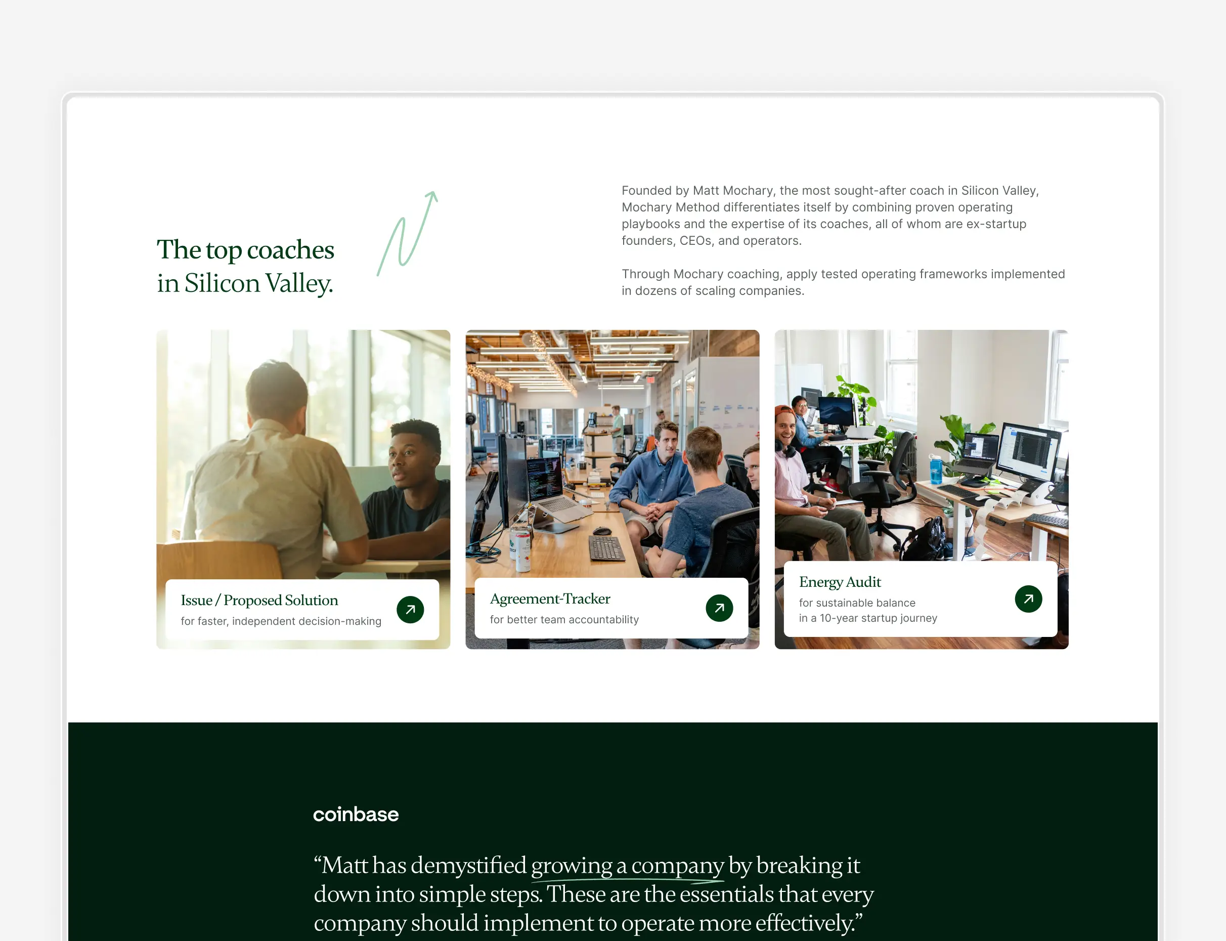 Visuels du site web Mochary Method au design épuré, reflétant leur expertise en coaching, leadership et accompagnement des startups à travers un branding clair et professionnel.