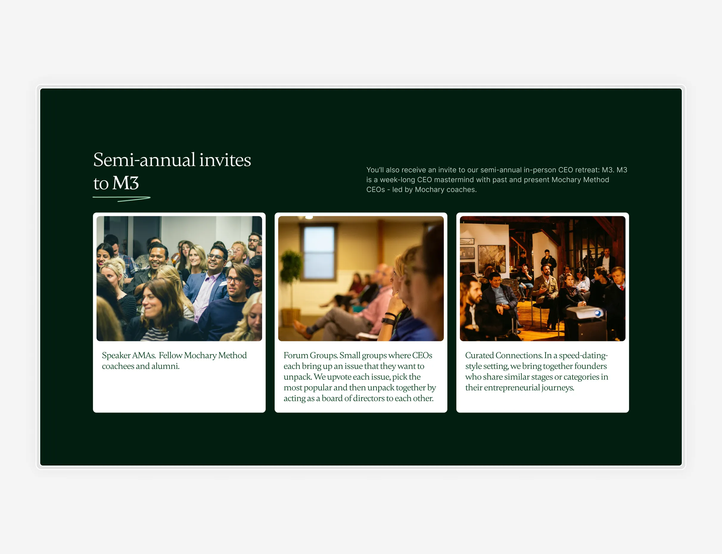 Visuels du site web Mochary Method au design épuré, reflétant leur expertise en coaching, leadership et accompagnement des startups à travers un branding clair et professionnel.