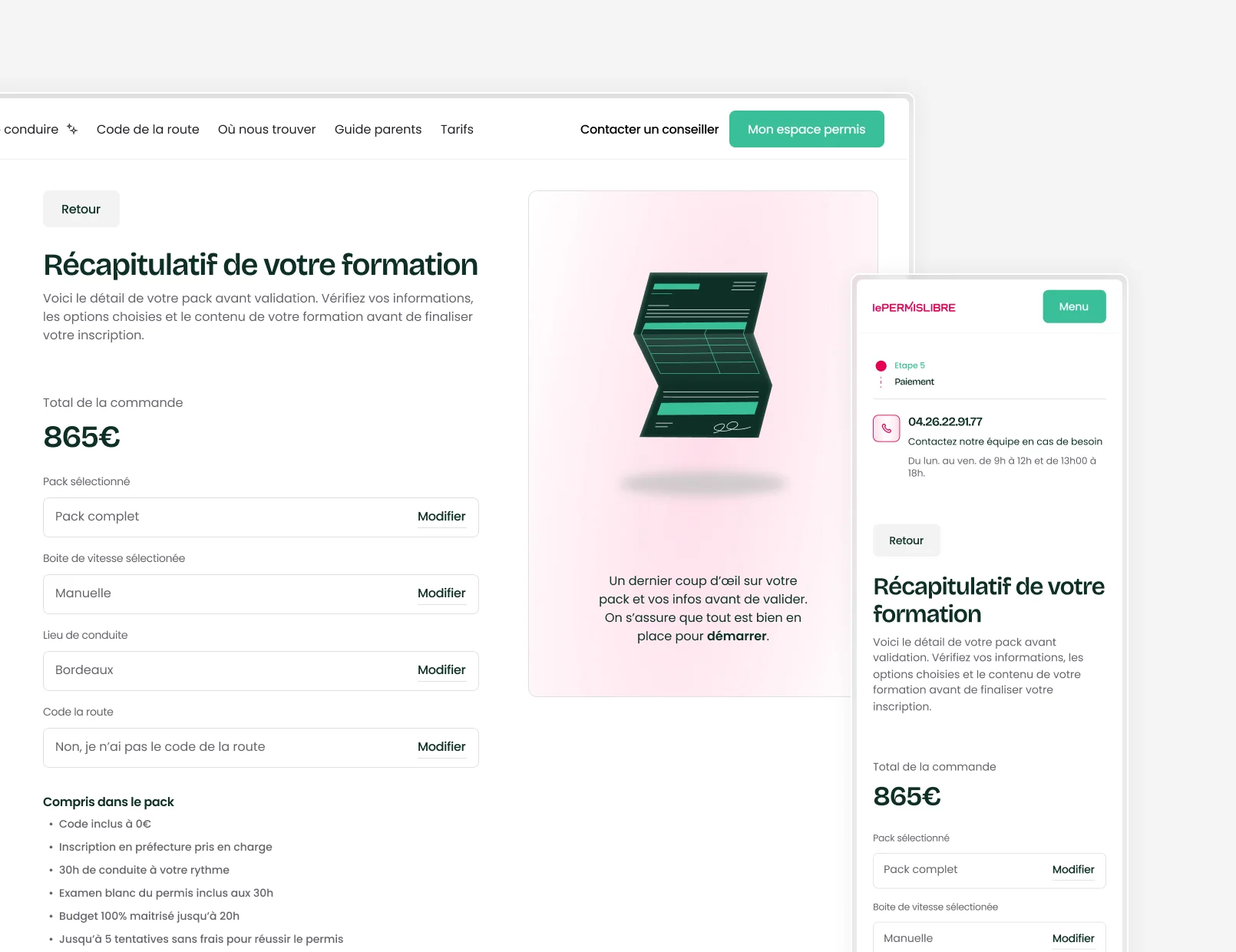 Visuels du projet LePERMISLIBRE : écrans de parcours d’achat et d’onboarding, interface claire et design centré sur l’expérience utilisateur.