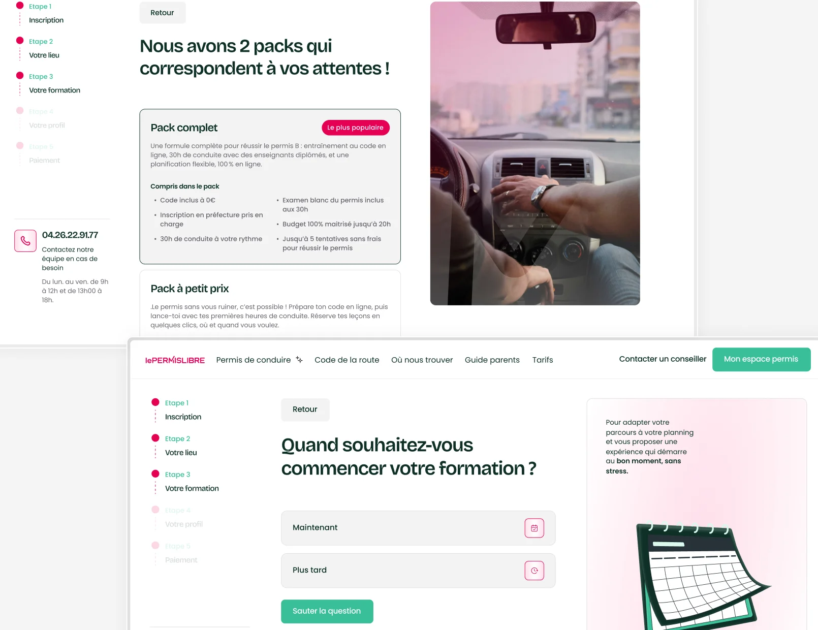 Visuels du projet LePERMISLIBRE : écrans de parcours d’achat et d’onboarding, interface claire et design centré sur l’expérience utilisateur.