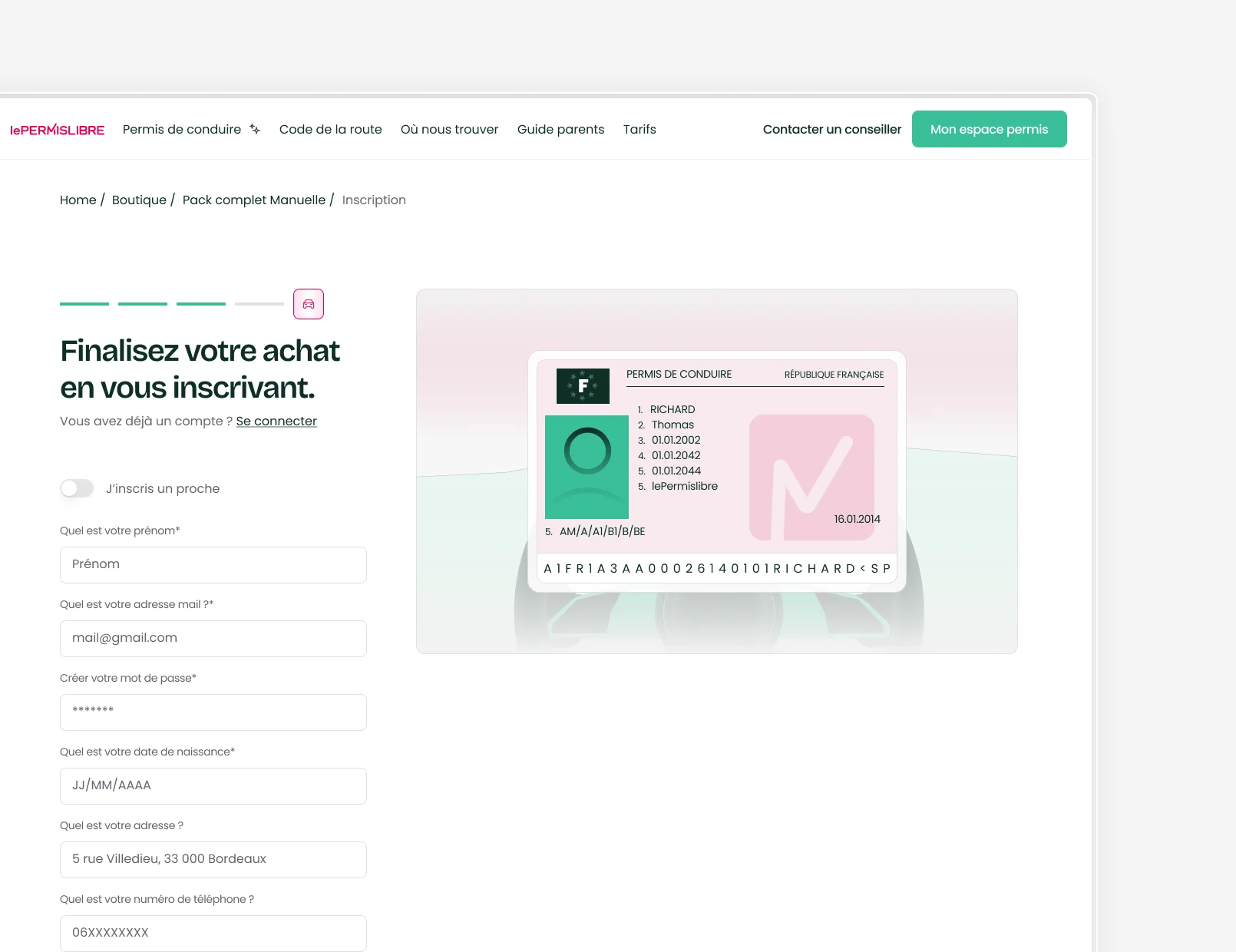 Visuels du projet LePERMISLIBRE : écrans de parcours d’achat et d’onboarding, interface claire et design centré sur l’expérience utilisateur.