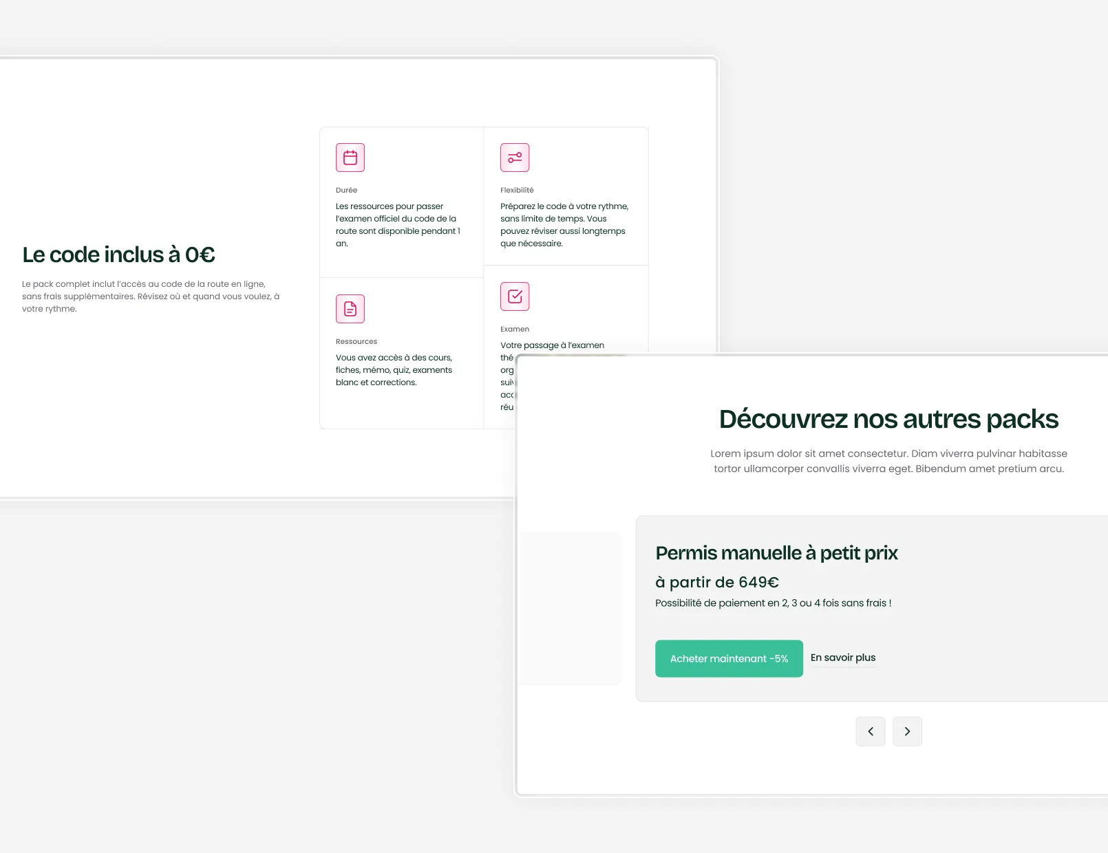 Visuels du projet LePERMISLIBRE : écrans de parcours d’achat et d’onboarding, interface claire et design centré sur l’expérience utilisateur.