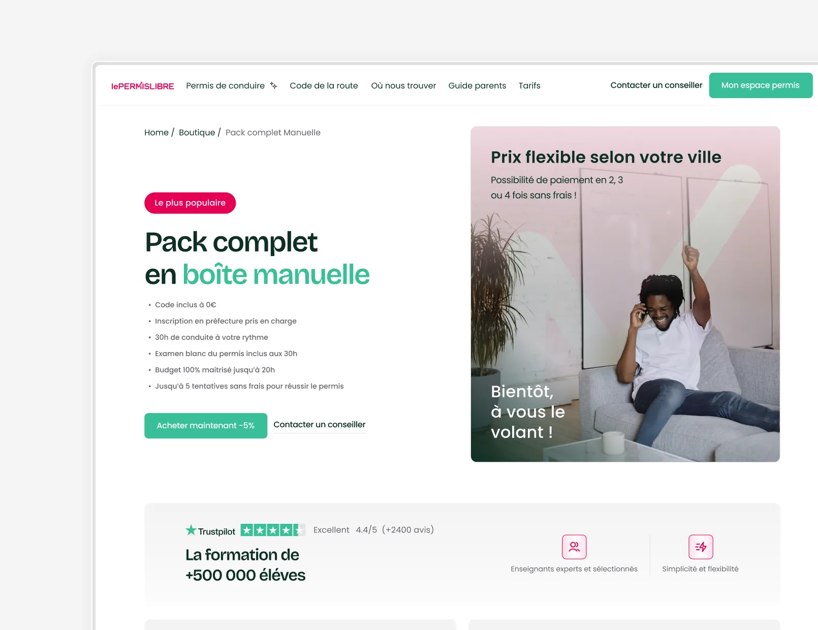 Visuels du projet LePERMISLIBRE : écrans de parcours d’achat et d’onboarding, interface claire et design centré sur l’expérience utilisateur.