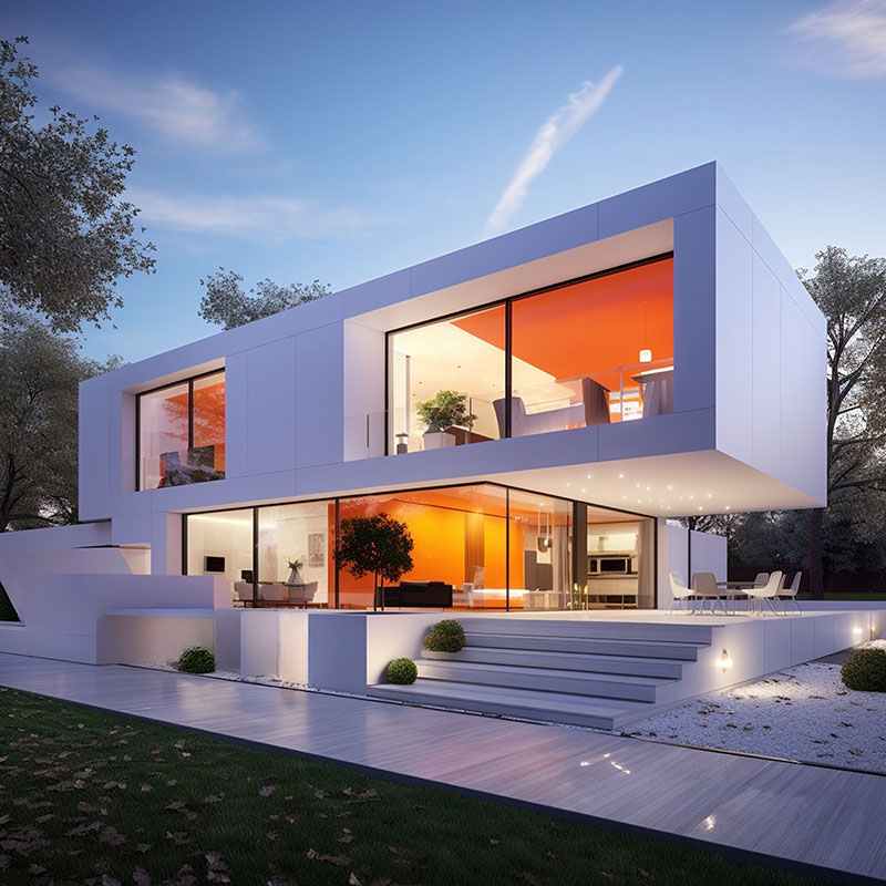 Maison contemporaine à deux étages avec grandes fenêtres lumineuses et intérieur orange visible, entourée d'arbres sous un ciel bleu clair au crépuscule.