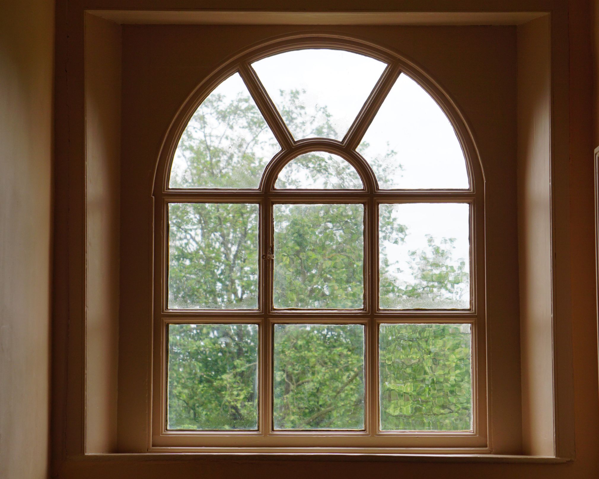 Fenêtre en bois beige avec neuf petits carreaux et une partie supérieure arquée, vue sur des arbres verts flous à l’extérieur.