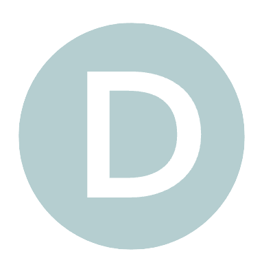 Lettre blanche D en majuscule sur un cercle bleu-gris.