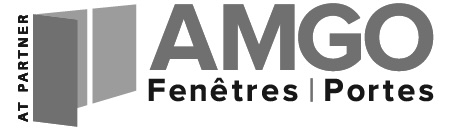 Logo AMGO avec un symbole de fenêtre stylisée et le texte « Fenêtres | Portes » en dessous, accompagné du texte vertical « AT PARTNER ».