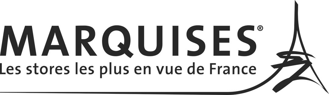 Logo MARQUISES avec le slogan Les stores les plus en vue de France et un design stylisé de la tour Eiffel.
