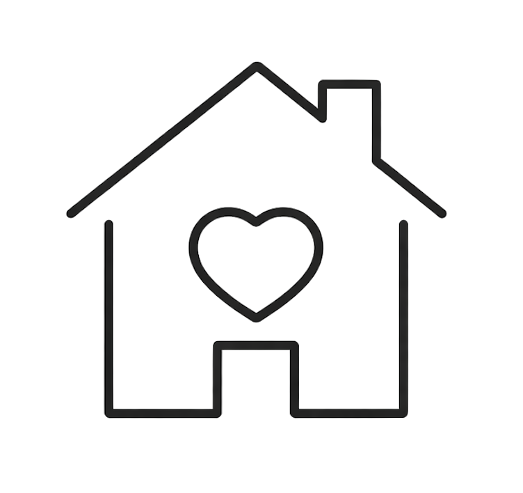 Icône simple d'une maison avec un cœur au centre, représentant un foyer chaleureux ou l'amour de la maison.