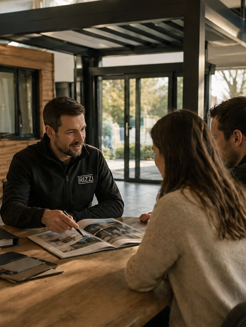 Un homme en veste noire avec logo RIZZI montre des images dans un catalogue ouvert à un couple assis à une table en bois dans une pièce lumineuse avec grandes fenêtres et porte vitrée.