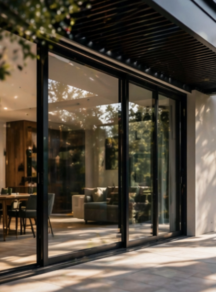 Façade vitrée moderne avec grandes portes coulissantes en verre donnant sur un salon lumineux et une salle à manger avec table et chaises.