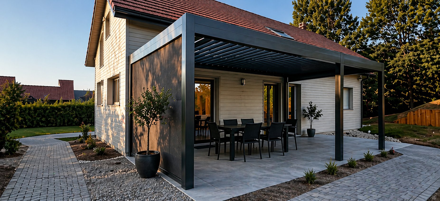 Maison moderne avec terrasse couverte par une pergola en métal noir, table extérieure avec six chaises et deux grands pots de plantes, entourée d'un jardin avec allée pavée et arbres au coucher du soleil.