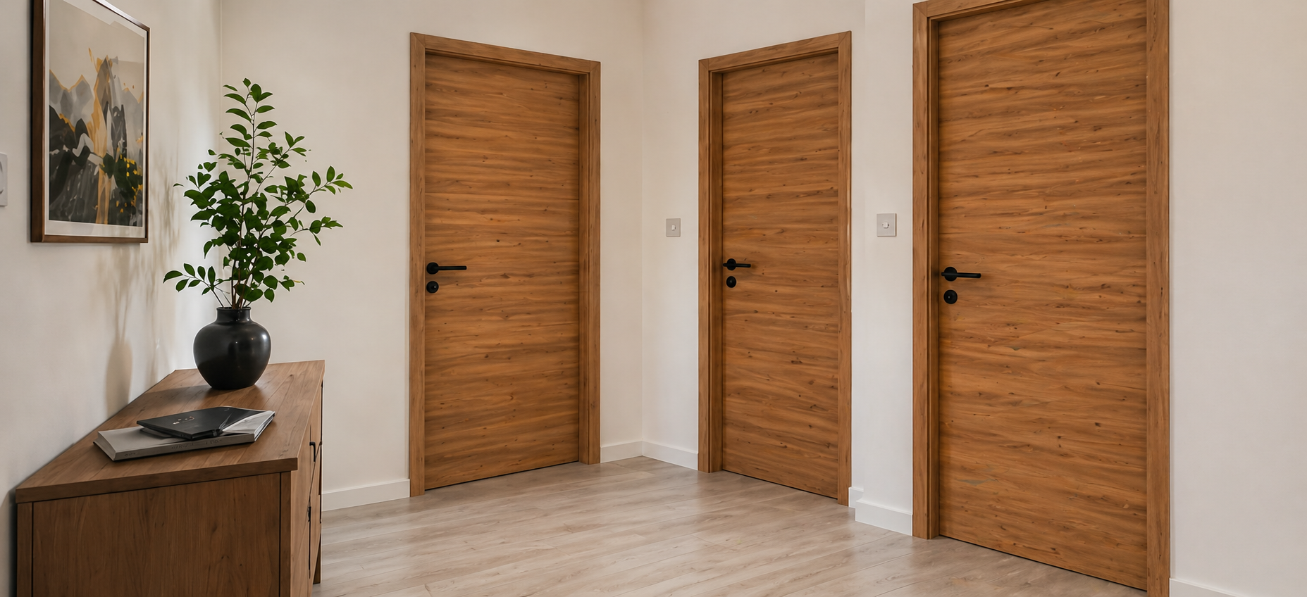 Entrée intérieure avec trois portes en bois clair équipées de poignées noires, sol en parquet clair, meuble en bois avec vase noir et plante verte, et tableau abstrait encadré sur le mur blanc.