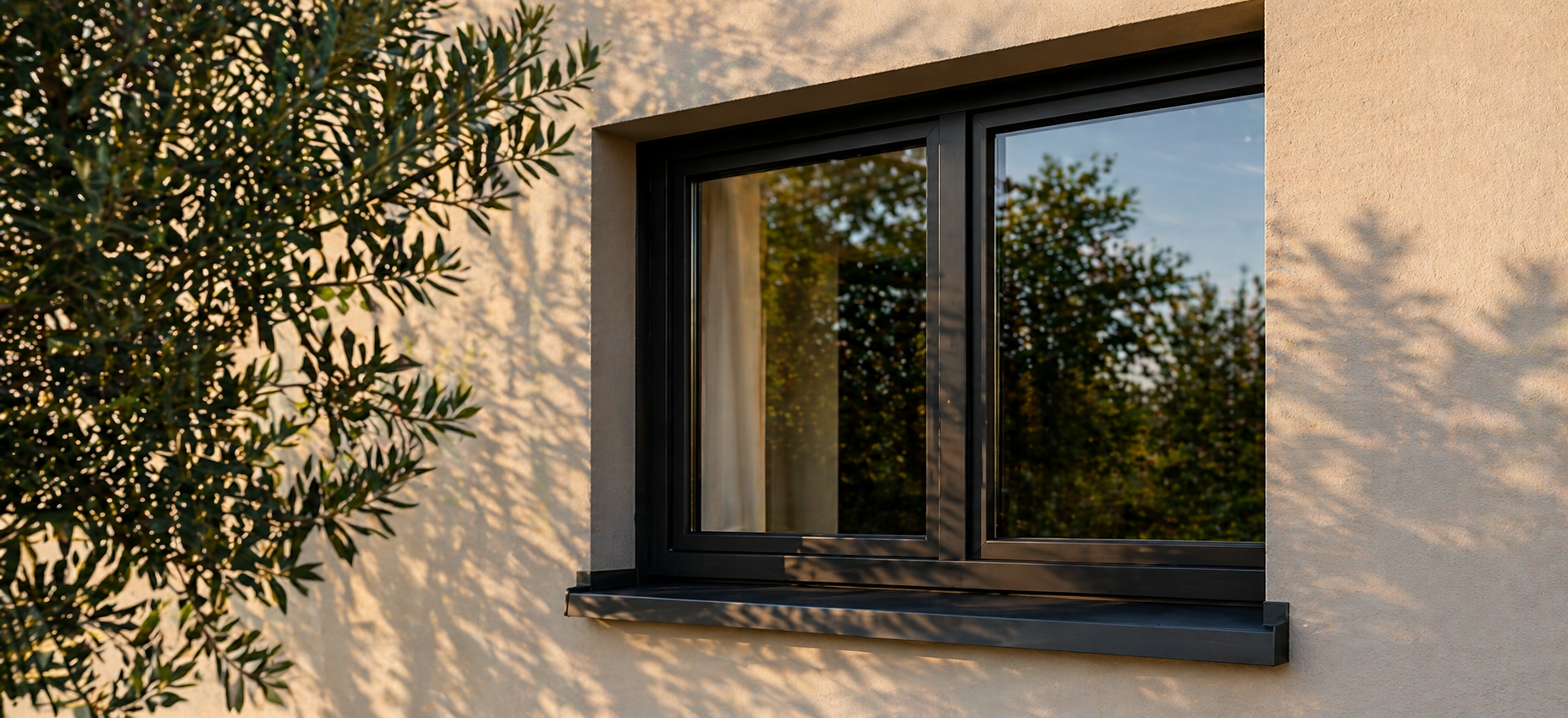 Fenêtre moderne à cadre noir sur un mur beige avec reflet des arbres et ombres de feuillage sur le mur au coucher du soleil.