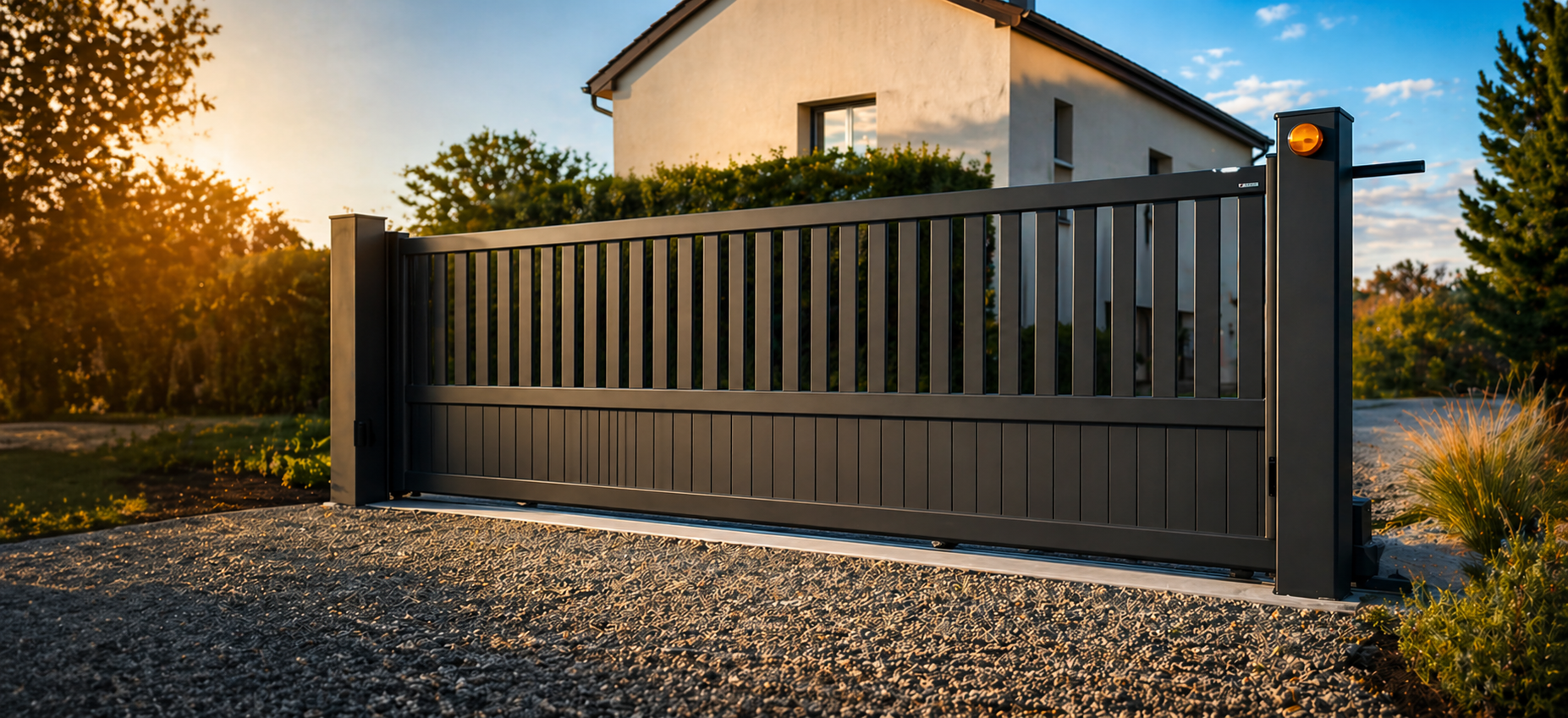 Portail coulissant noir devant une maison moderne, bordé de végétation, au coucher du soleil avec ciel bleu clair.