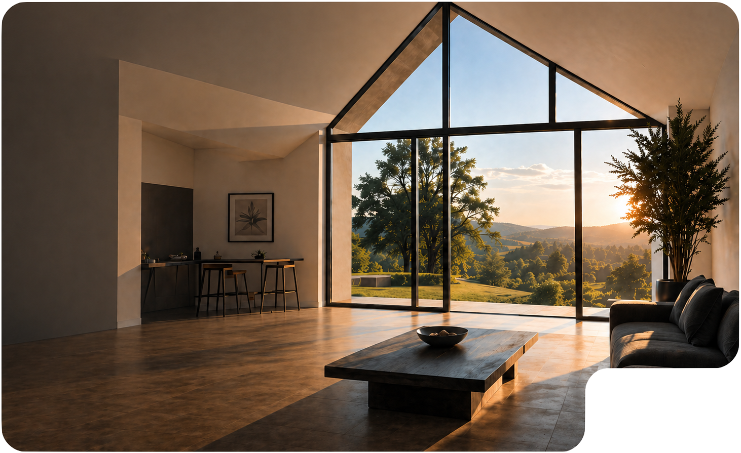 Salon moderne avec grandes fenêtres triangulaires offrant une vue sur paysage vallonné au coucher de soleil, canapé gris, table basse en bois avec bol, plantes vertes et coin bar avec tabourets.