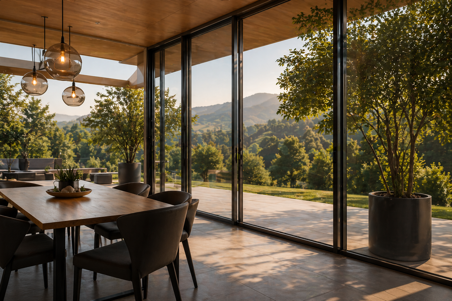 Salle à manger moderne avec grandes baies vitrées offrant une vue sur un paysage de montagne verdoyant au coucher du soleil.