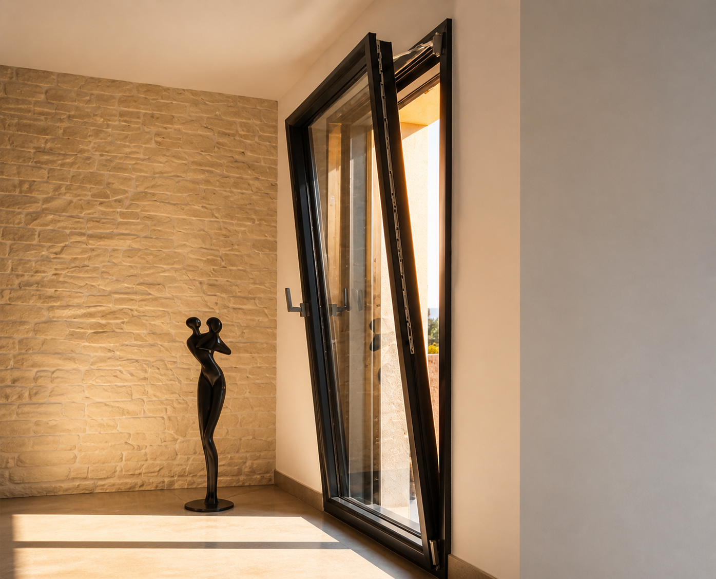 Fenêtre oscillo-battante ouverte dans un mur intérieur avec une sculpture noire moderne représentant deux figures humaines enlacées sur un socle à côté.