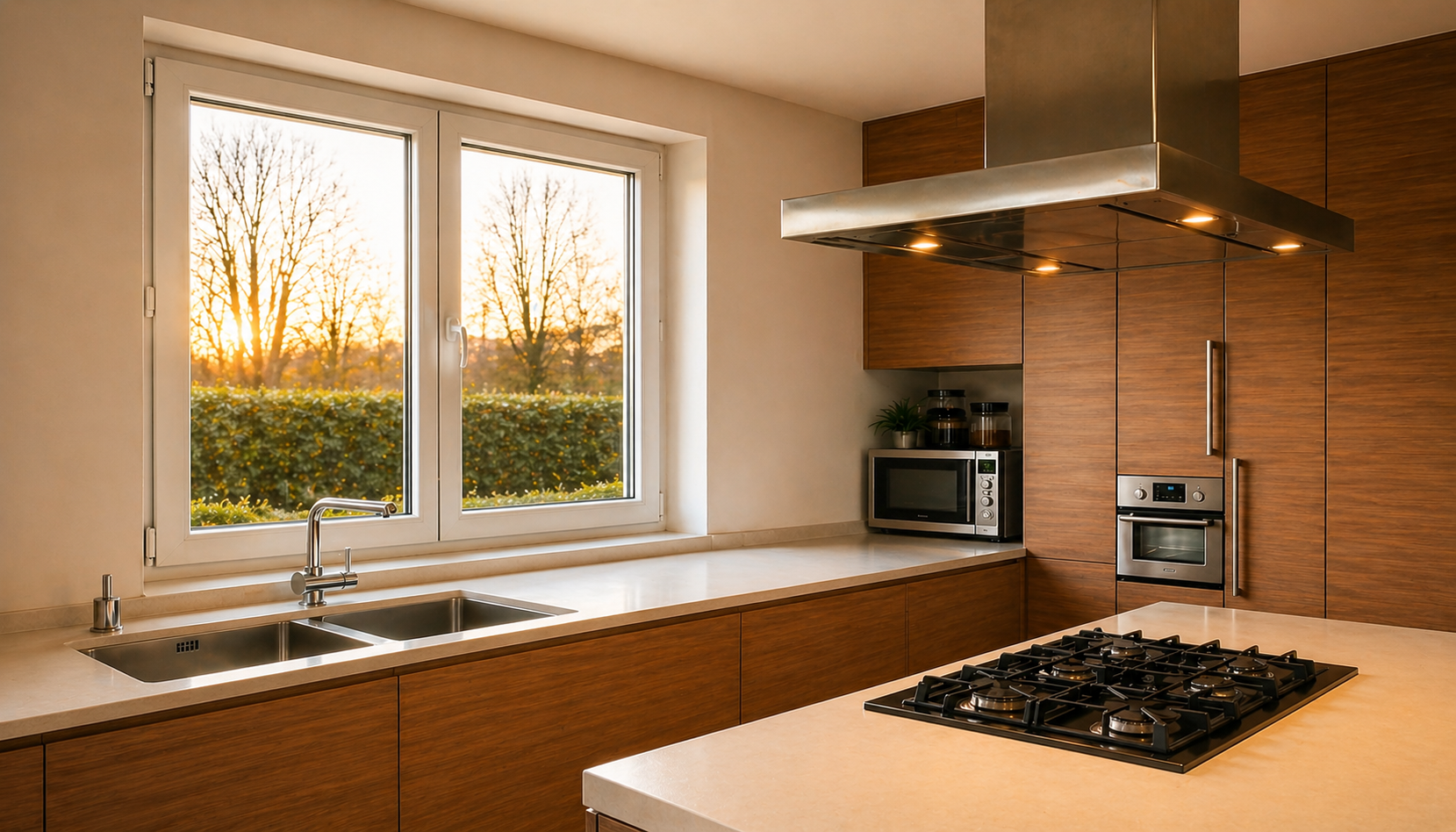 Cuisine moderne avec plan de travail clair, évier double sous une grande fenêtre, plaque de cuisson à gaz sur l'îlot central et hotte inox au-dessus, armoires en bois foncé et micro-ondes encastré.