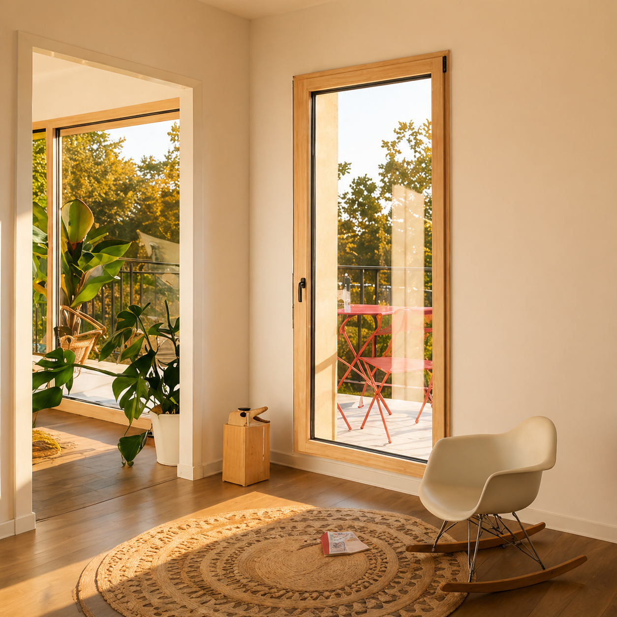 Coin lecture ensoleillé avec fauteuil à bascule blanc, tapis rond en jute, fenêtre en bois donnant sur un balcon avec table et chaises rouge, plantes vertes à l'intérieur.