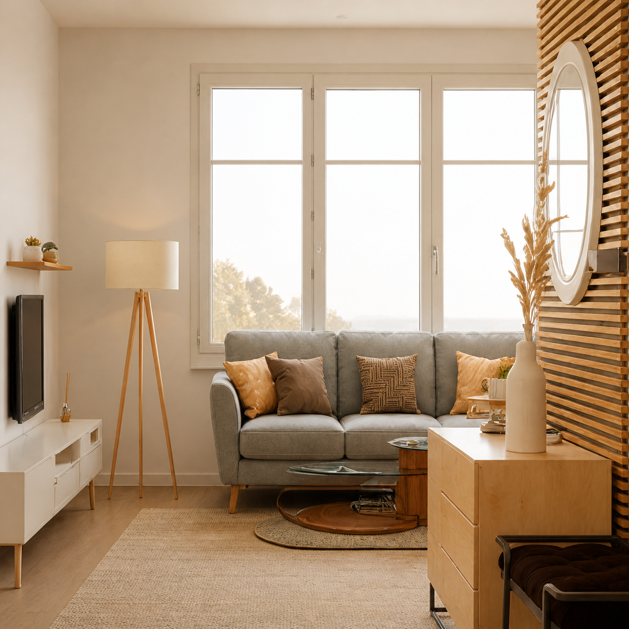Salon lumineux avec un canapé gris orné de coussins marron et orange, une lampe sur pied, une table basse en verre et bois, et une commode avec un vase blanc et un miroir rond sur un mur en bois.