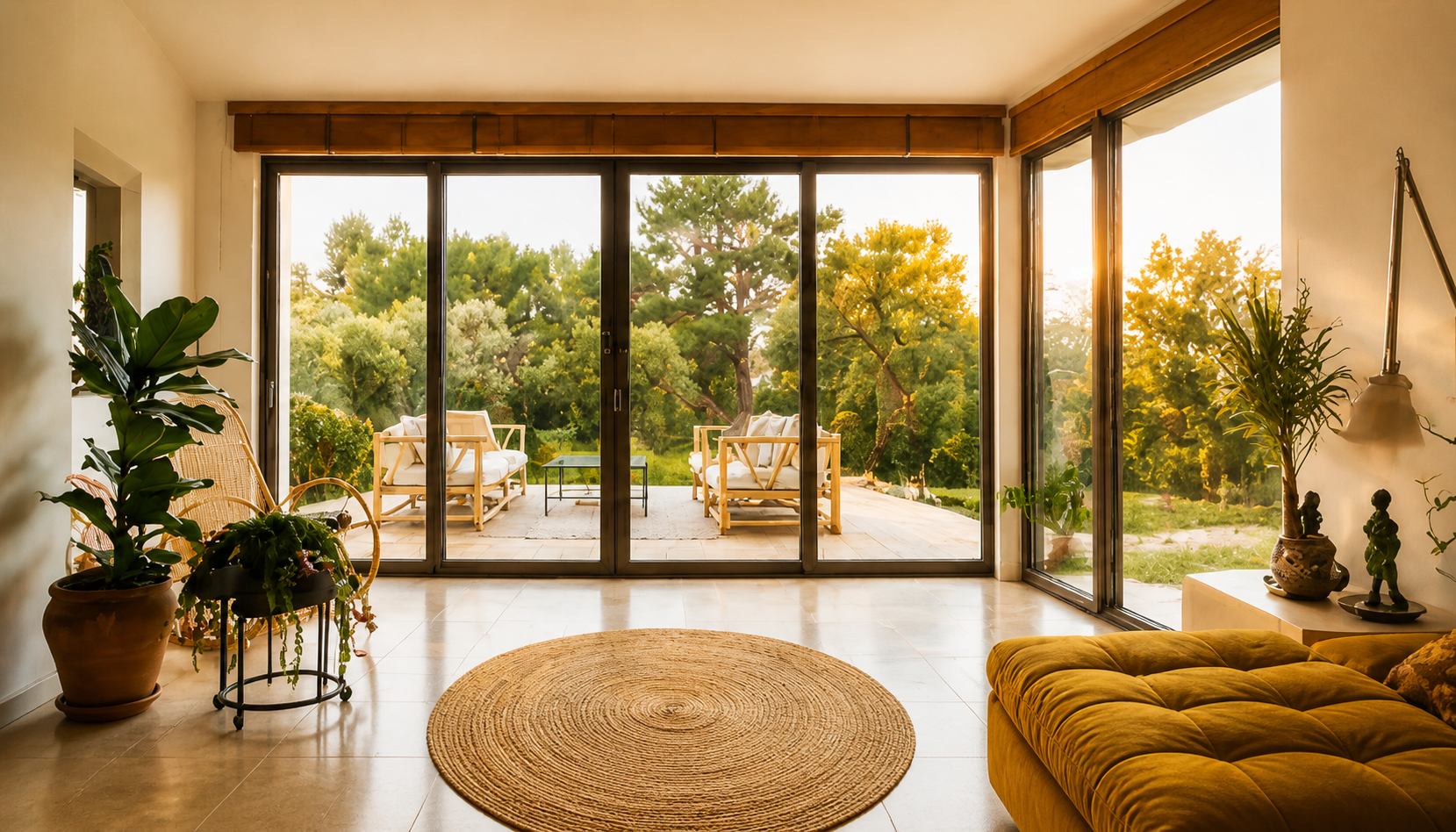 Salon lumineux avec canapé jaune, tapis rond, plantes en pot et grandes baies vitrées donnant sur une terrasse en bois avec mobilier de jardin face à un espace vert.