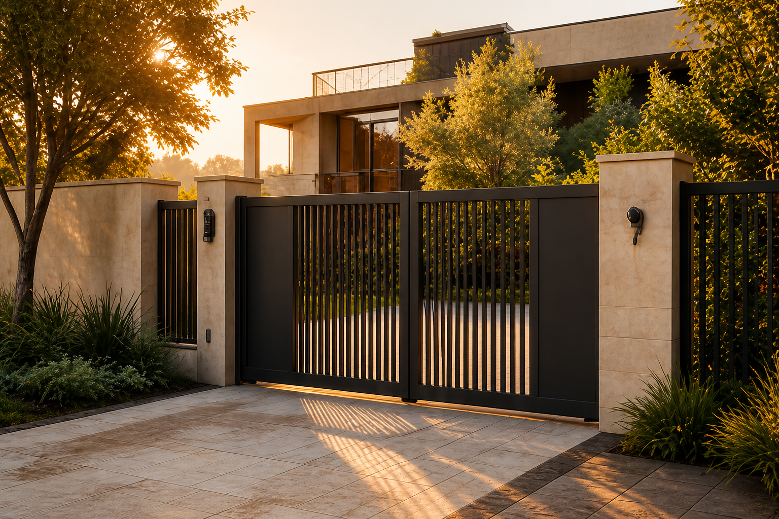 Entrée fermée d'une maison moderne avec un grand portail noir en métal, des colonnes en pierre beige, des plantes vertes et un arbre au coucher du soleil.