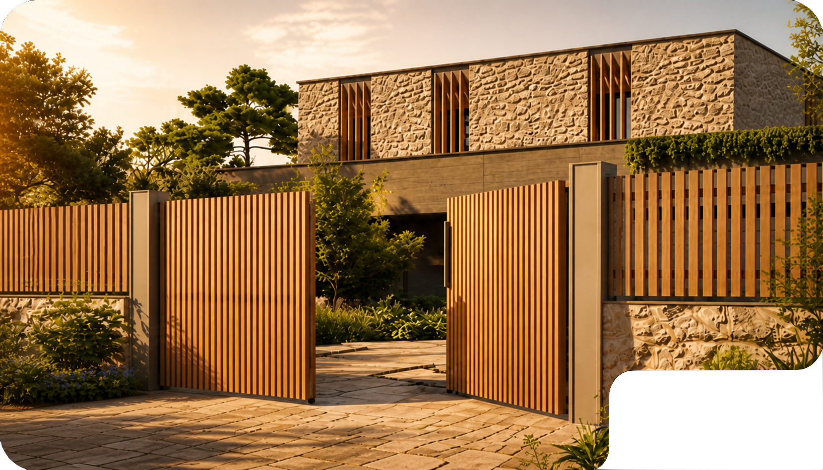 Entrée d'une maison moderne avec portail en bois à lattes ouvertes, allée pavée et façade en pierre avec fenêtres étroites verticales, entourée de verdure sous un ciel ensoleillé.