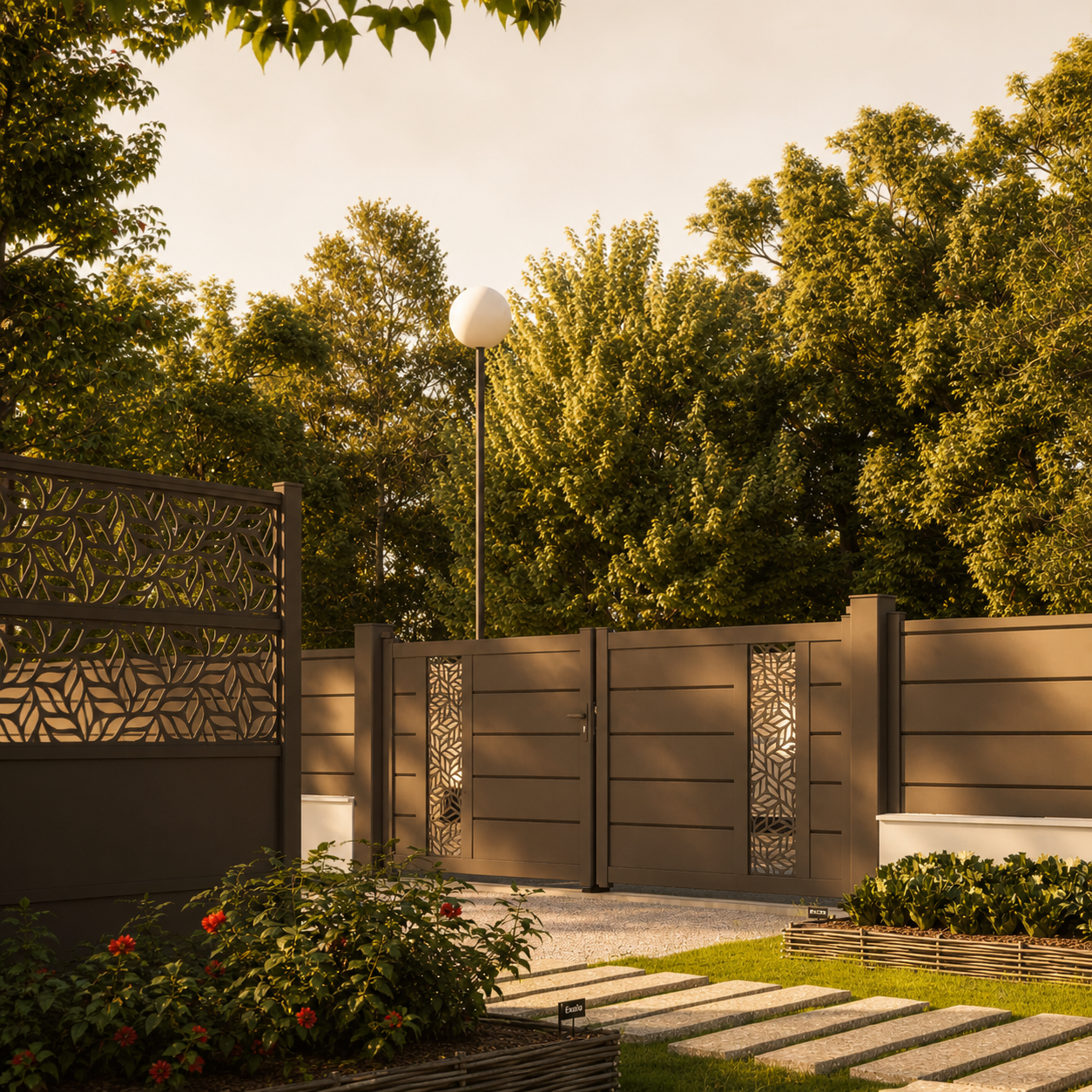 Clôture et portail modernes en métal avec motifs découpés, entourés de verdure, fleurs rouges et allée pavée au coucher du soleil.