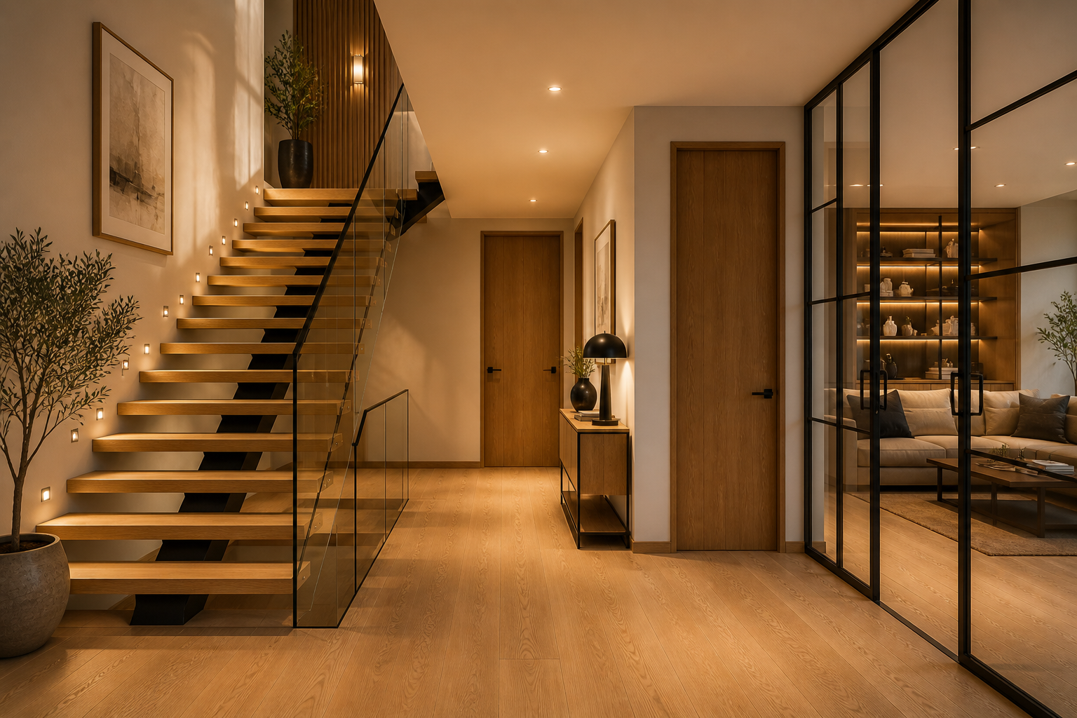 Intérieur moderne avec escalier en bois flottant à rambarde en verre, plante en pot, deux portes en bois, console avec lampe et vase, et salon visible derrière une cloison en verre noir.