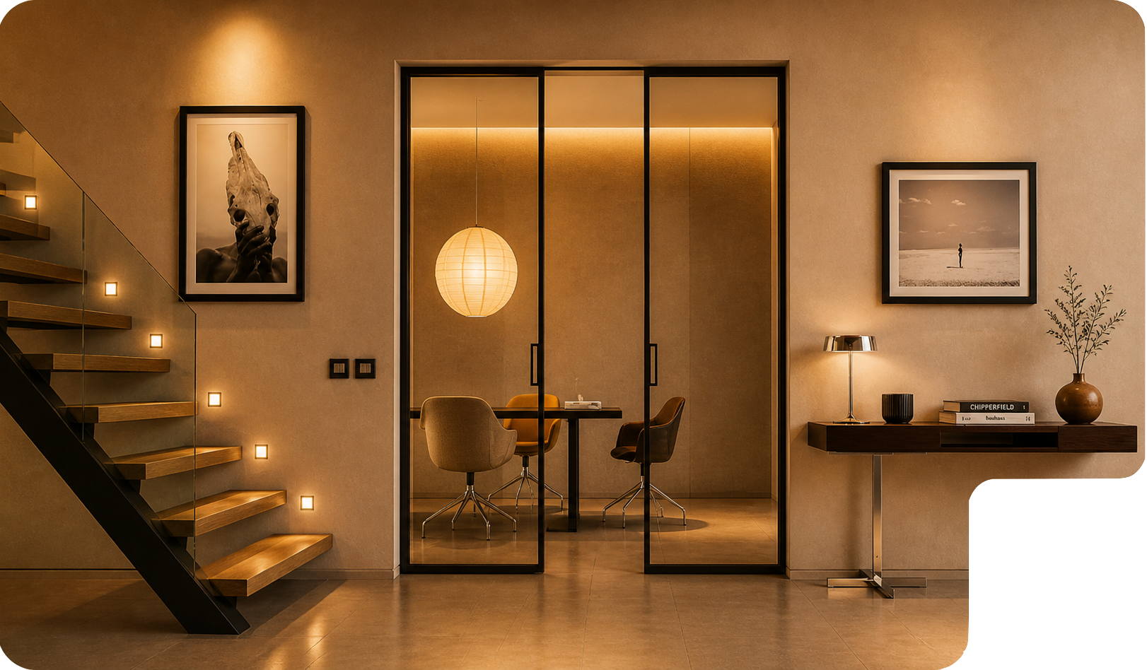 Intérieur moderne avec escalier en bois flottant, mur beige décoré de deux cadres photo, une table avec trois fauteuils derrière une porte vitrée, et une console avec lampe et vase.