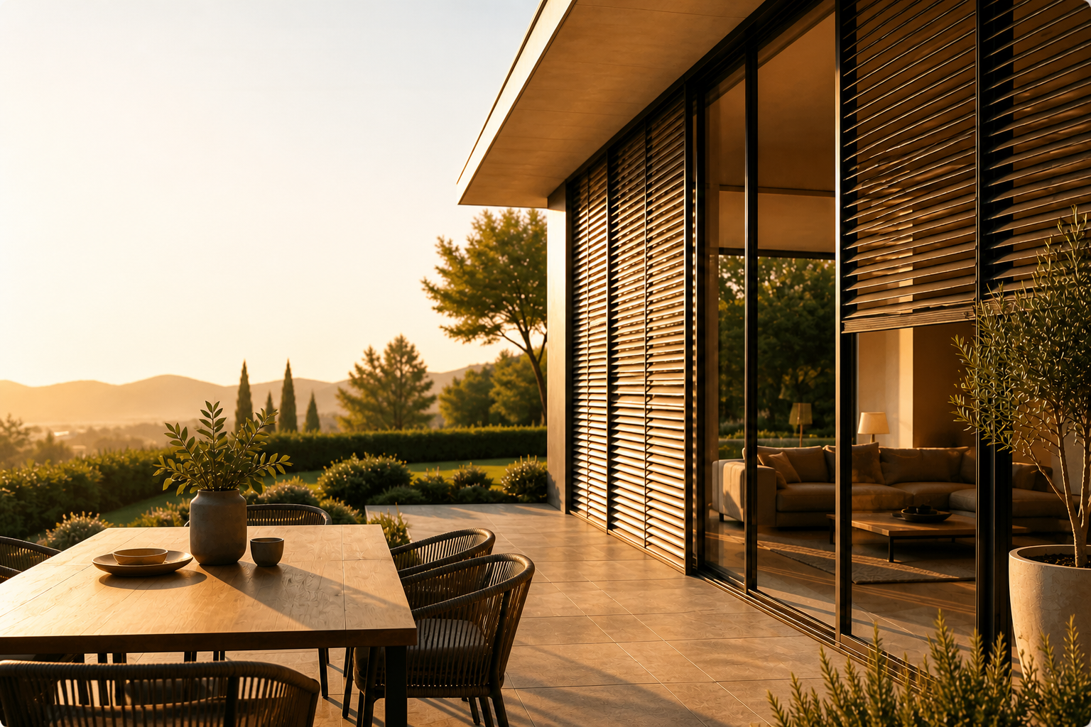 Terrasse moderne avec table en bois et chaises, plante en pot, grandes fenêtres à persiennes, canapé visible à l’intérieur, paysage de collines et arbres au coucher du soleil.