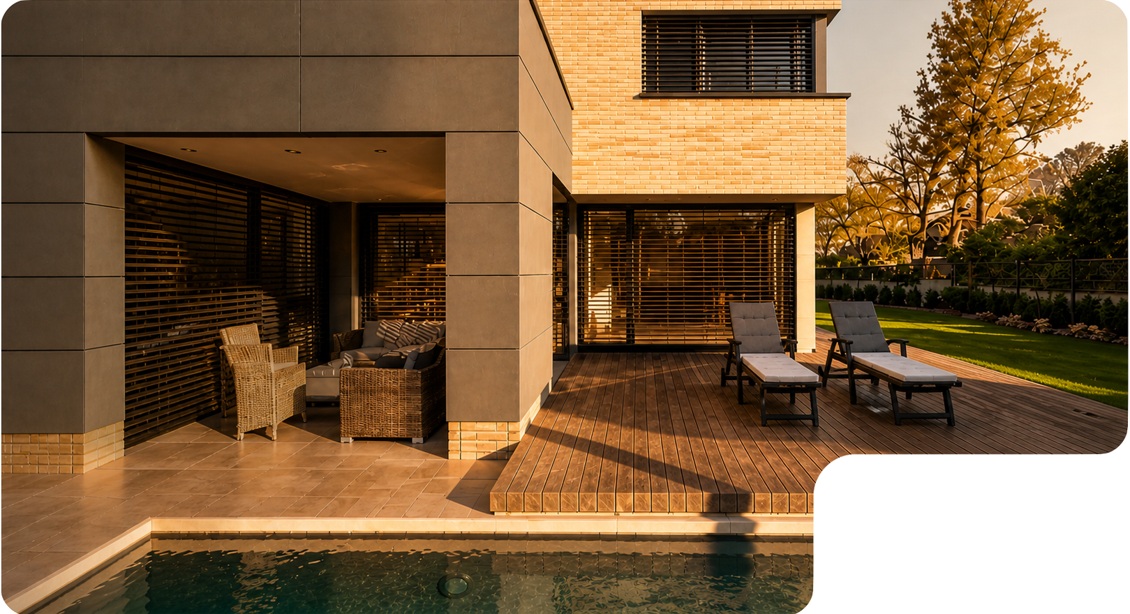 Terrasse moderne avec piscine, deux chaises longues sur un deck en bois, et salon extérieur avec fauteuils en osier sous un auvent près d'une maison avec fenêtres à stores.