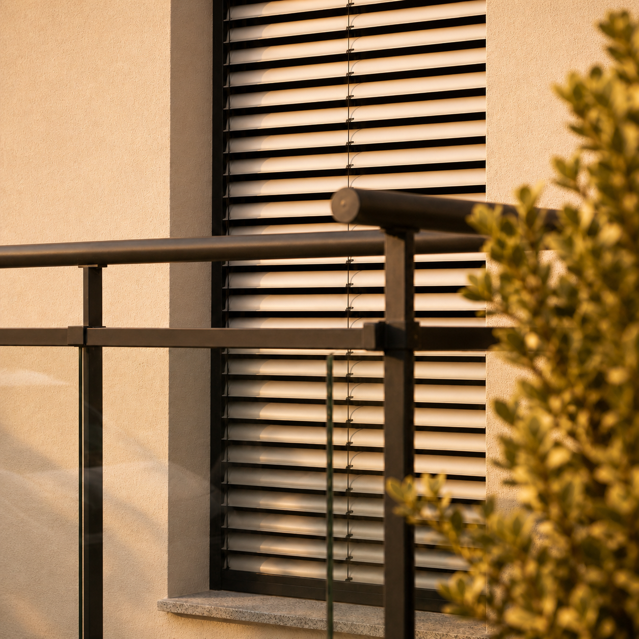 Fenêtre avec volets métalliques horizontaux noirs sur un mur beige, devant une rambarde noire avec des panneaux en verre, sous une lumière douce et de la végétation floue au premier plan.