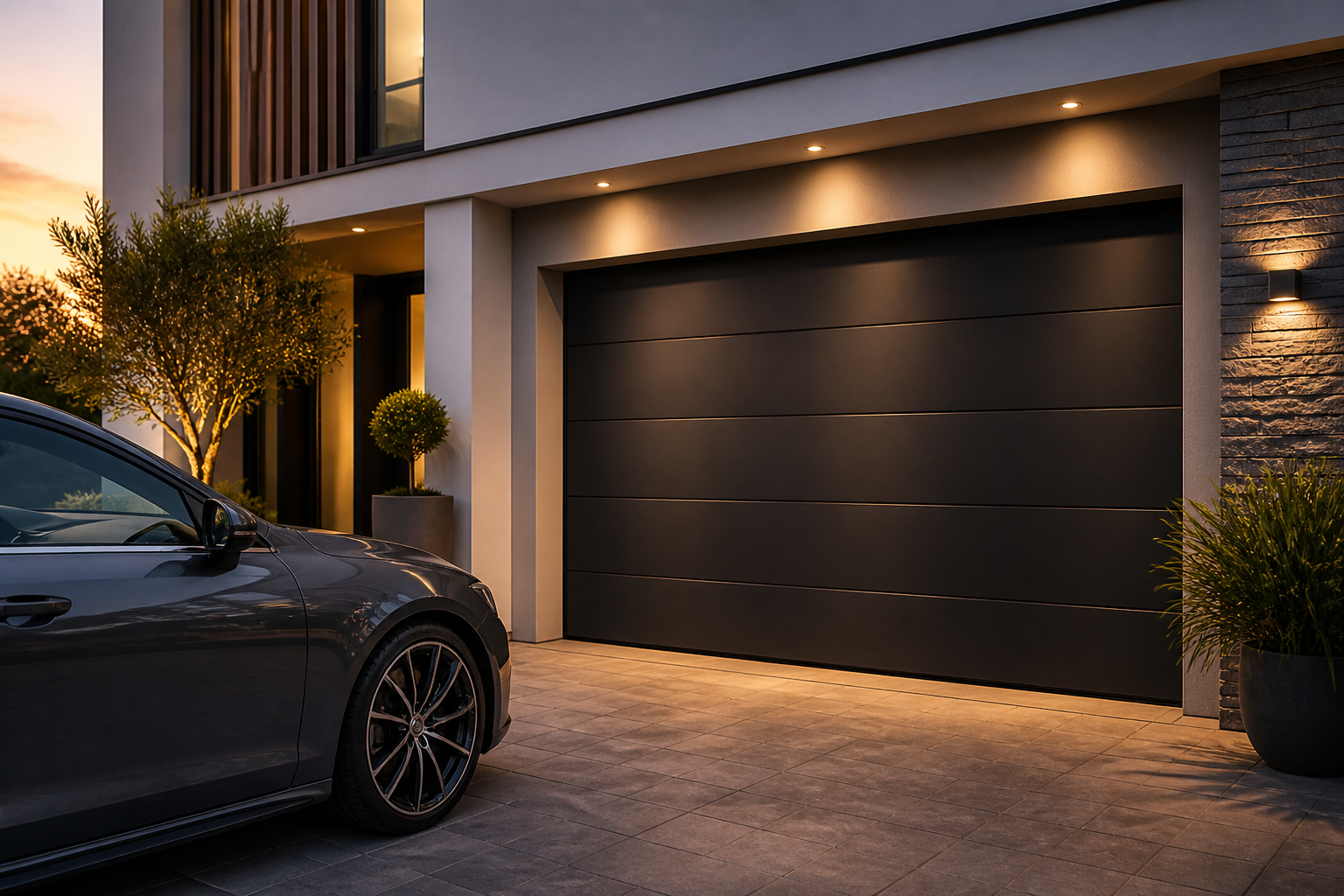 Vue latérale d'une voiture garée devant une maison moderne avec une grande porte de garage noire et un éclairage extérieur chaleureux au crépuscule.