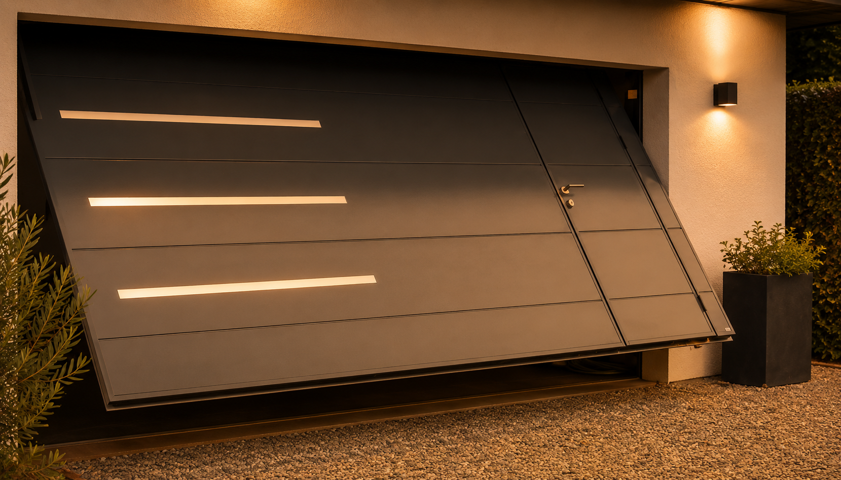 Porte de garage moderne en métal noir avec trois bandes horizontales lumineuses, partiellement ouverte avec une porte piétonne intégrée et un éclairage mural extérieur.